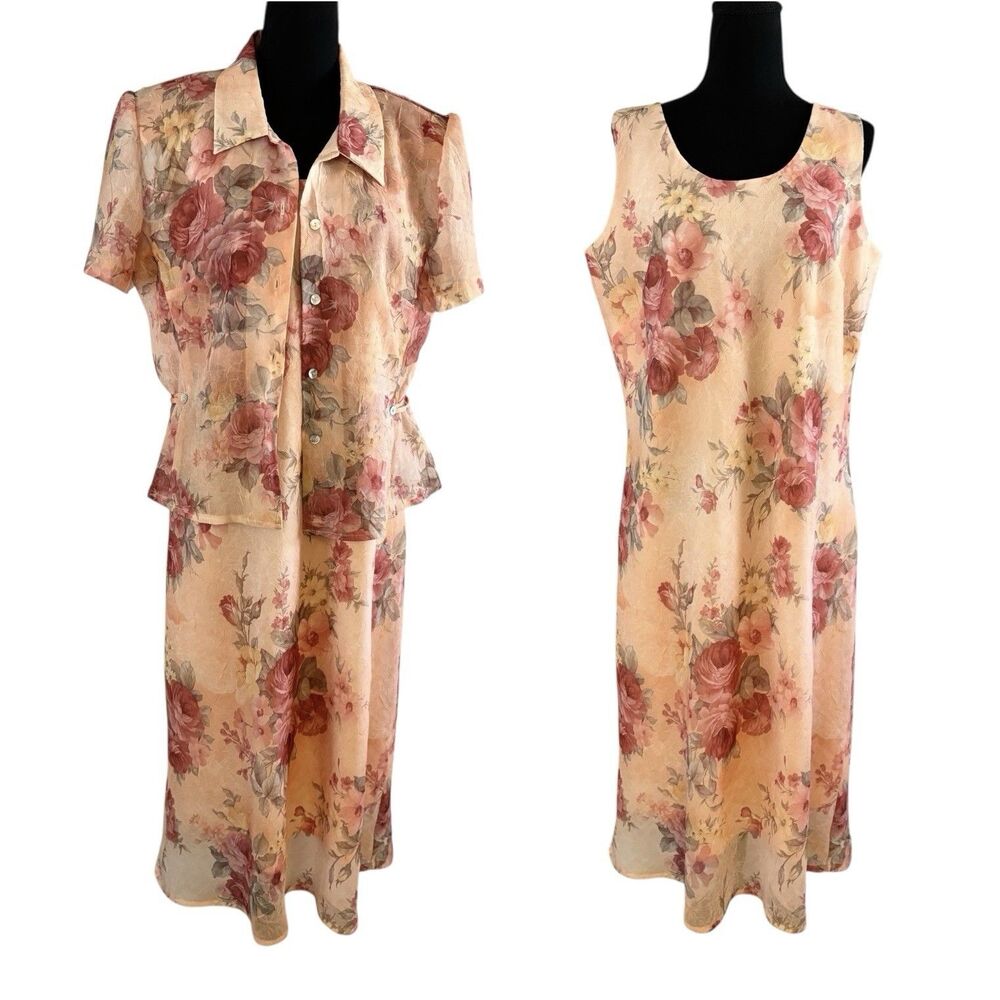 2 Pc K Studio Floral Peach Dress With Layering Top Semi Sheer Lined